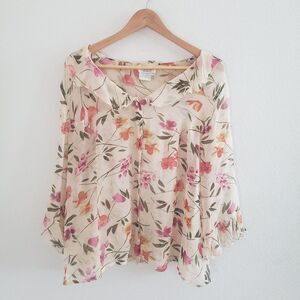 Tess Women's Vintage Top 2X Cream Floral Silk Sheer Fairy Dainty Whimsy 90s Y2K